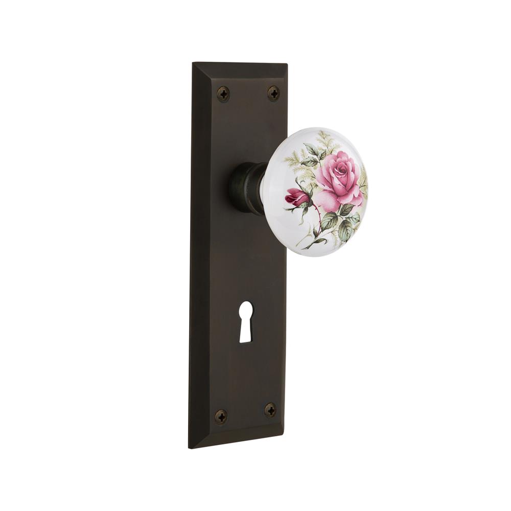 Nostalgic Warehouse NYKROS Single Dummy New York Plate with Rose Porcelain Knob with Keyhole in Oil Rubbed Bronze